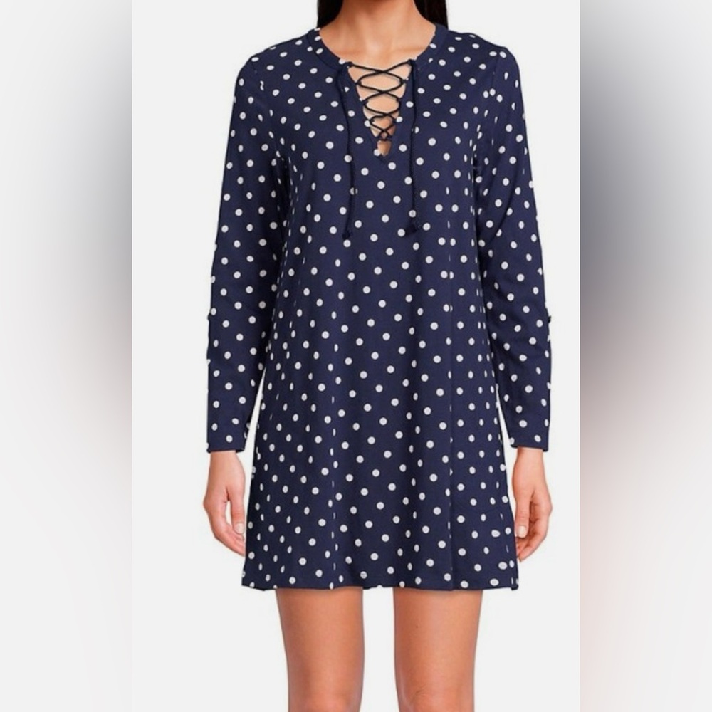 Lands' End XS (2/4) Navy Polka Dot 100% Cotton Dress lace up Neck and Pockets